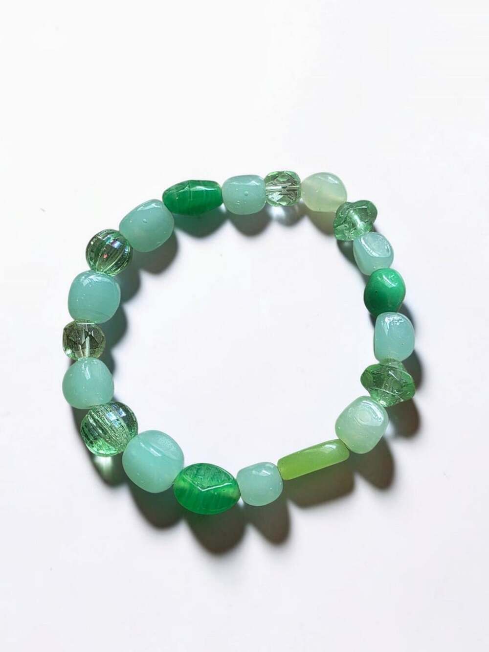 Green Beaded Stretch Bracelet Tumbled Glass Green